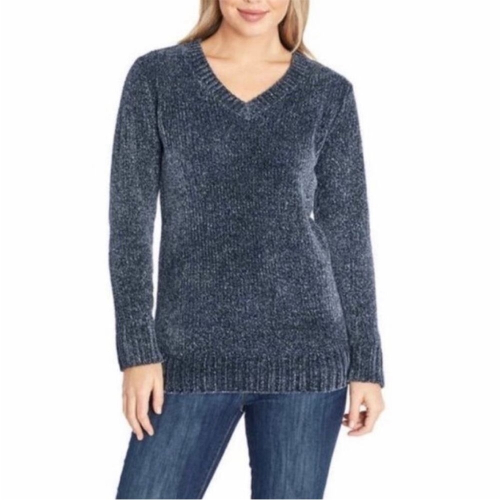 Orvis Chenille Long Sleeve Knit Pullover V Neck Sweater in Marled Navy Blue Sz M